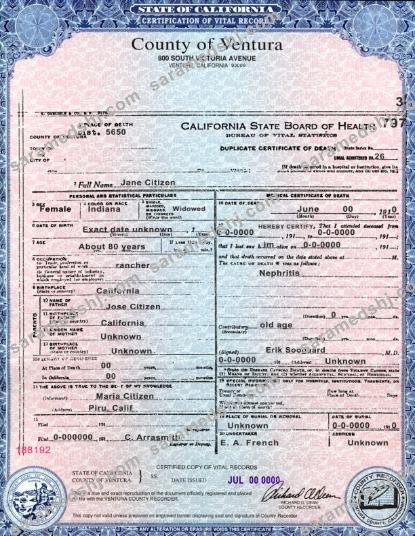 USA state California County of Ventura death certificate template in PSD format